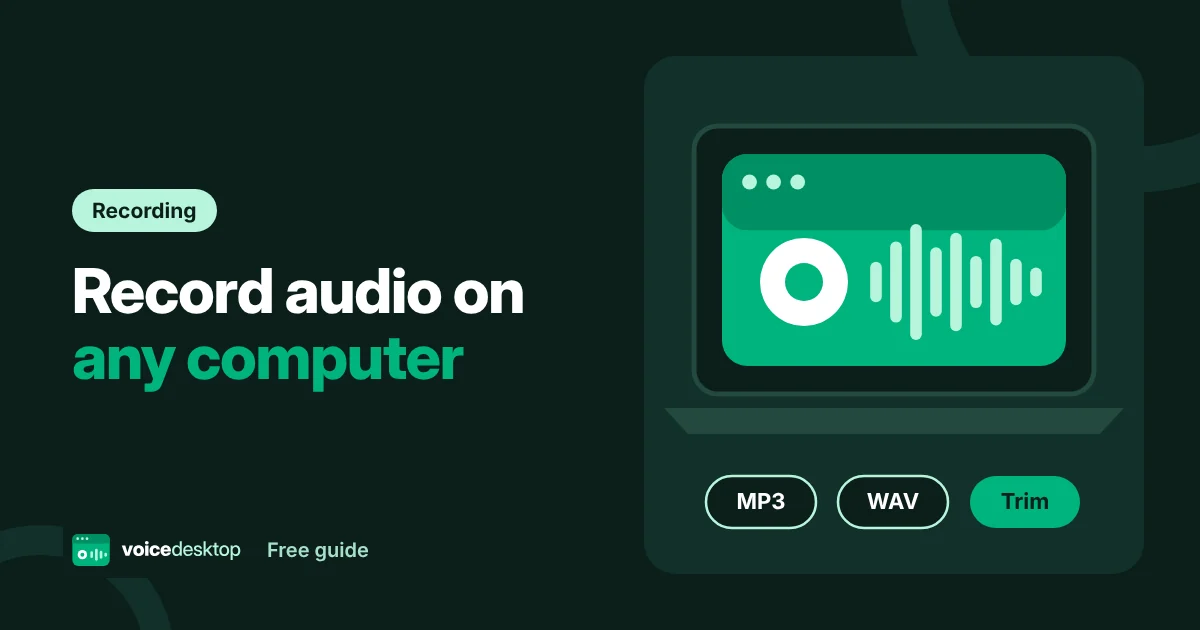 Illustration of a laptop showing the voicedesktop recorder with a record button, sound bars and MP3, WAV and Trim options