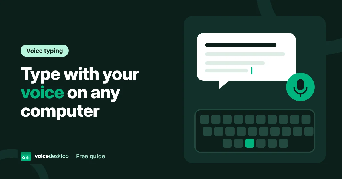 Illustration of a speech bubble filling with text above a keyboard, with a green microphone button